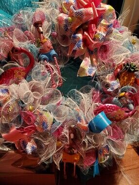 Custom Pink Flamingo Wreath with Tropical Accents